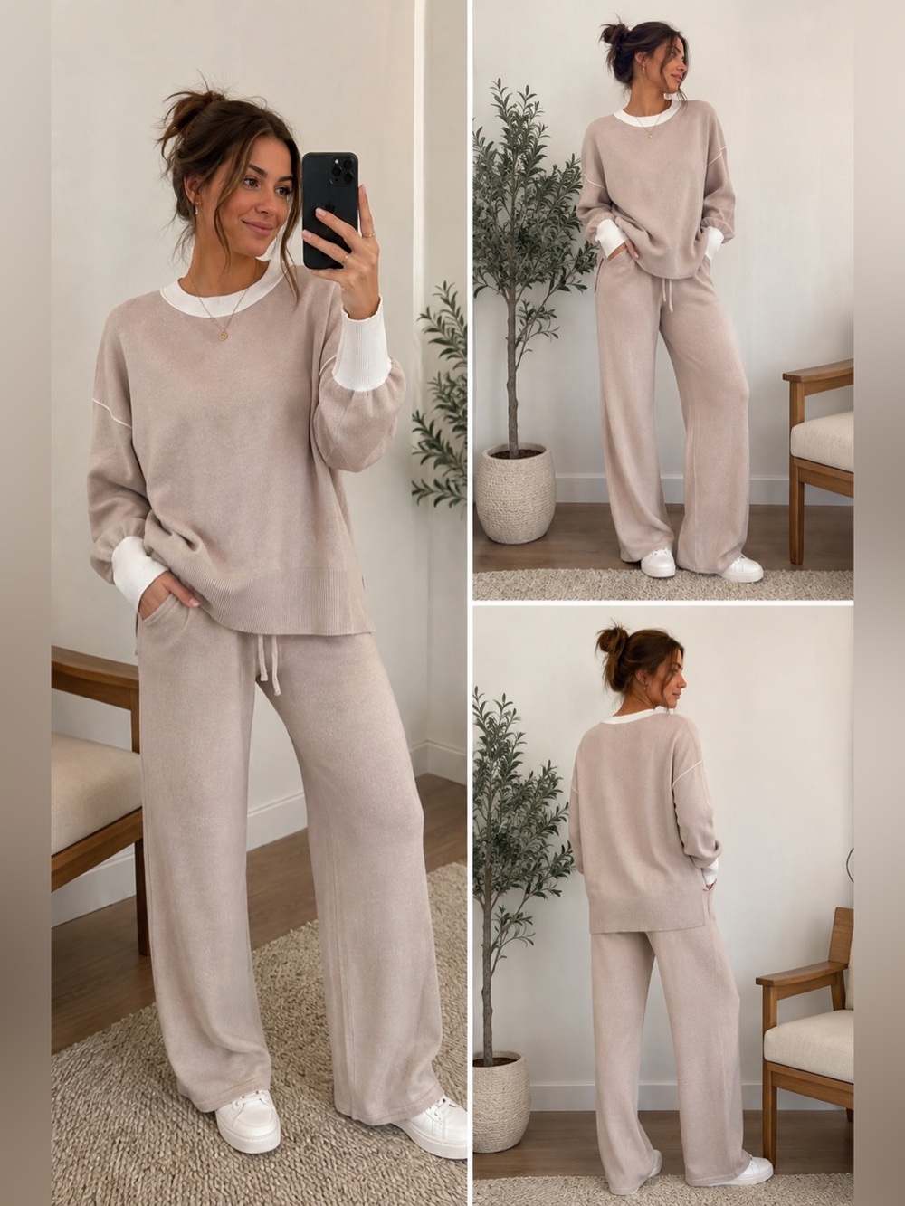 Women’s Size Large Lounge / Travel Set Pants & Top Sweater Tan Comfy